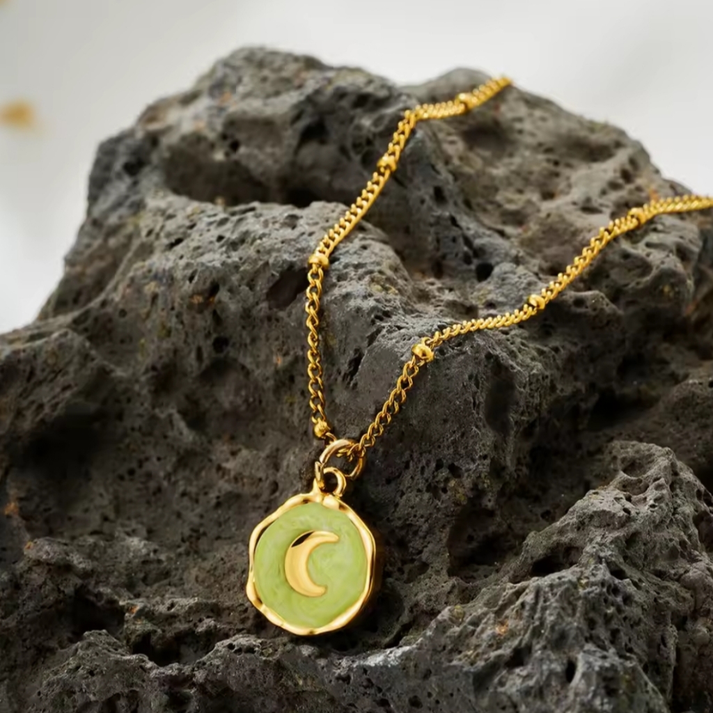 18 Kt Gold Over Titanium Green Moon Necklace